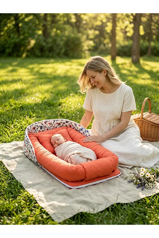 Çantalı Babynest Bebek Çantası Taşınabilir Anne Yanı Yatağı Yaz Serisi Çiçekli Çantalı Baby Nest